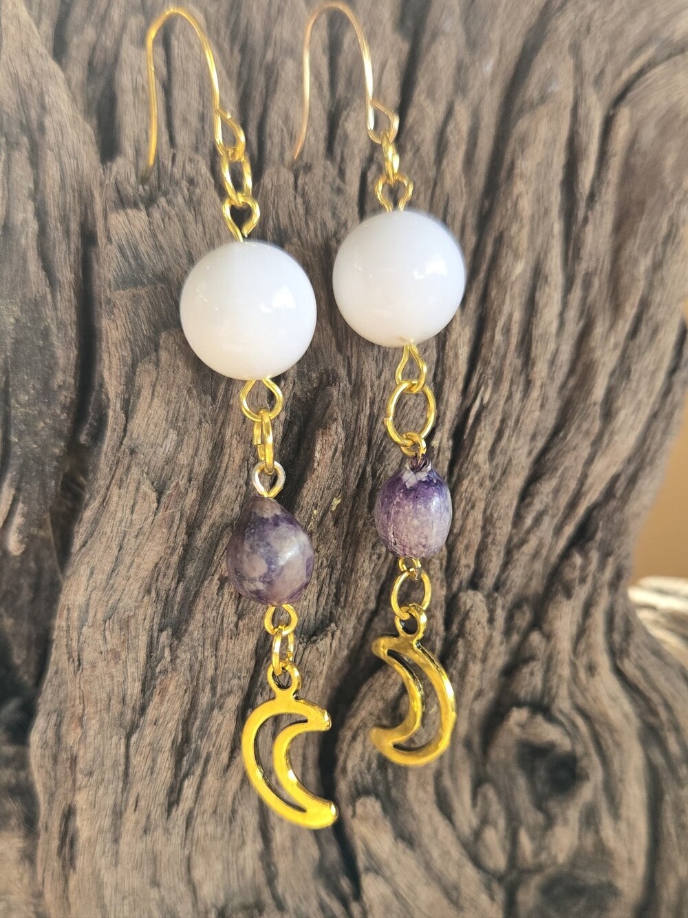 Gold Tone Crescent Moon Earrings Purple Natural Seed & Recycled Beads 2.75"